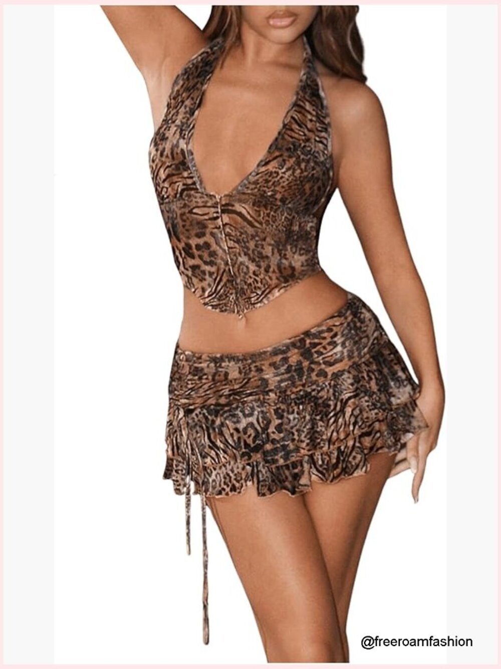 Y2K Leopard Print Halter Crop Top and Ruffle Mini Skirt Set, 2 Piece Outfit,